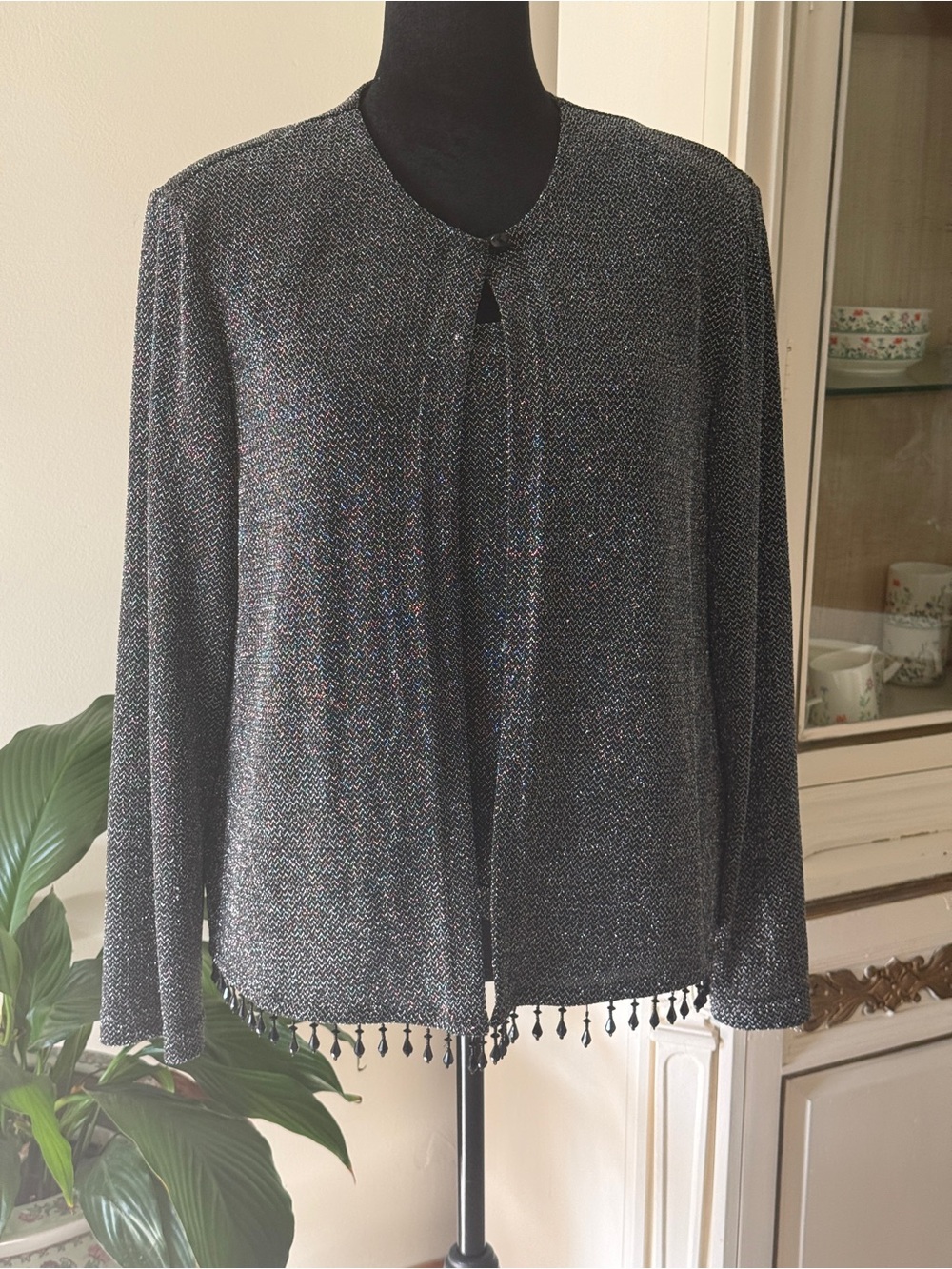 R&M Richards Black and Silver Open Knit Cardigan with Beaded Fringe